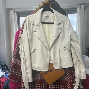 Vigoss Women's White  faux Leather Fringe Jacket